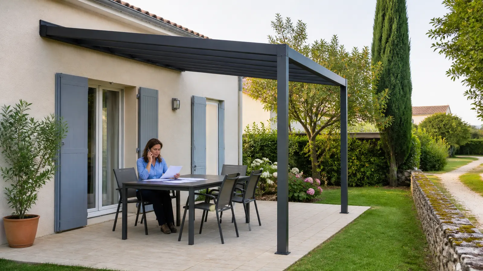Une propriétaire relit des feuilles à une table extérieure sous une pergola ouverte sur un chemin de jardin