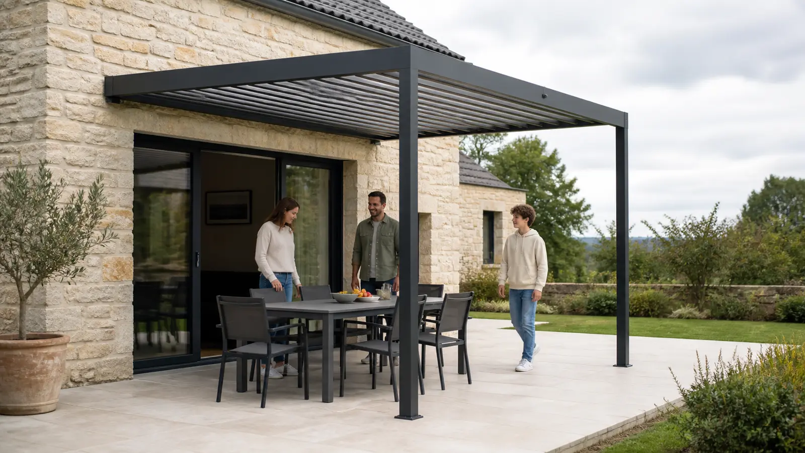 Trois personnes circulent autour d’une table sur une terrasse couverte par une pergola à deux poteaux