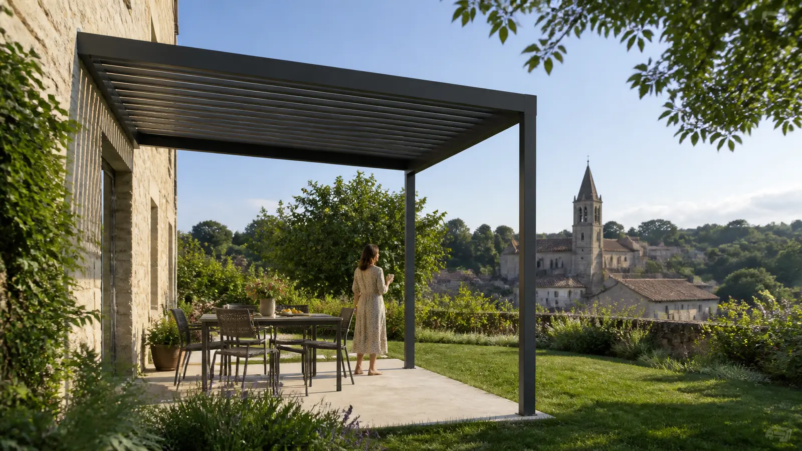 Une habitante regarde un clocher ancien depuis un jardin équipé d’une pergola adossée