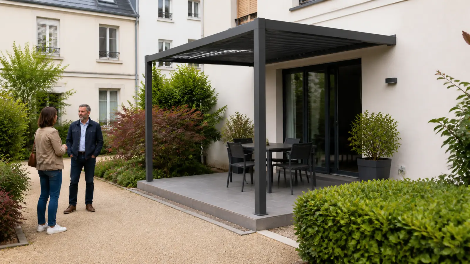 Deux résidents échangent dans une cour commune à côté d’une terrasse et de sa pergola