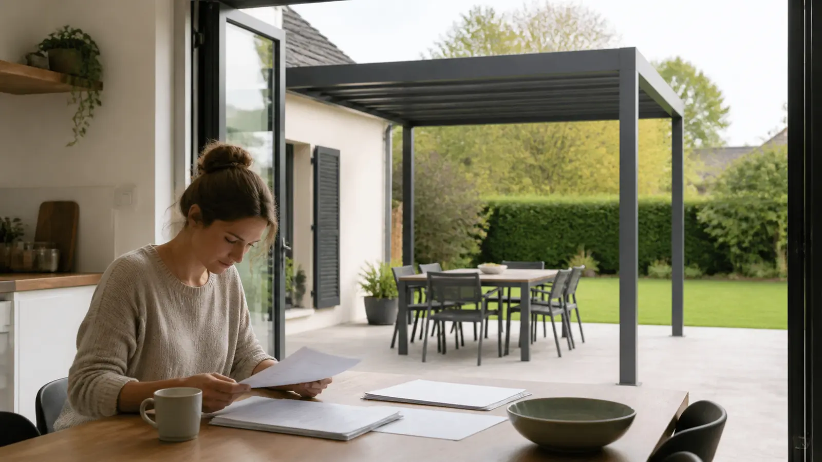 Une femme classe un dossier sur une table intérieure devant une terrasse et une pergola visibles par la baie