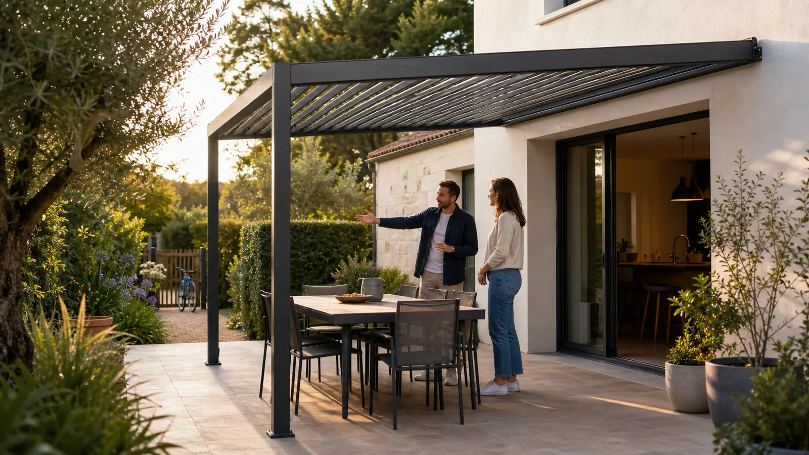 Une propriétaire et un conseiller discutent près d’une table extérieure avec un passage libre vers le jardin