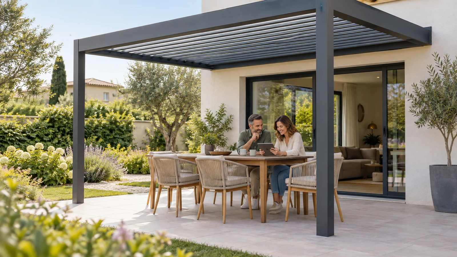 Couple assis sous une pergola anthracite et regardant une tablette sur une terrasse fleurie