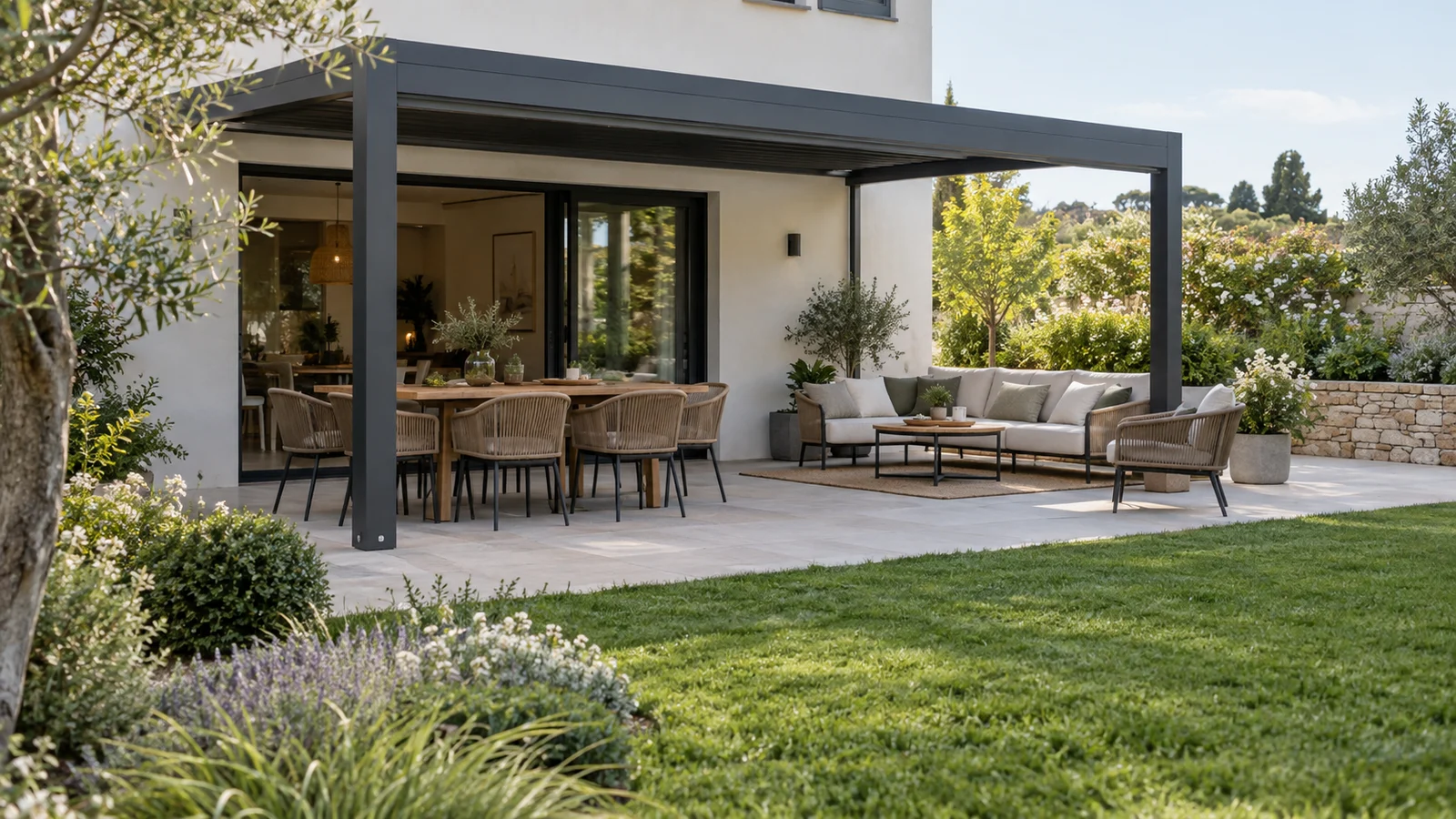 Pergola anthracite vue depuis le jardin avec table, salon extérieur et passage dégagé sur la terrasse