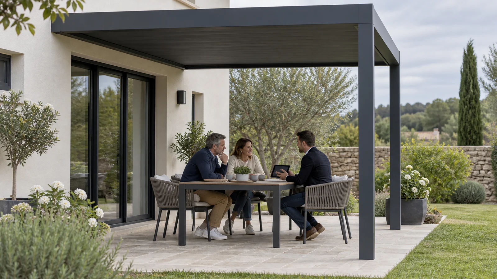 Trois adultes discutant autour d’une table sous une pergola anthracite devant une baie vitrée