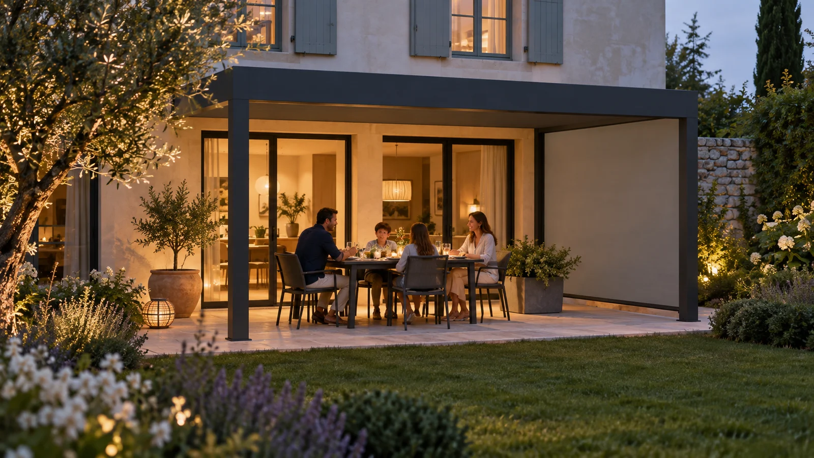 Famille dînant le soir sous une pergola anthracite avec un écran latéral sobre côté jardin
