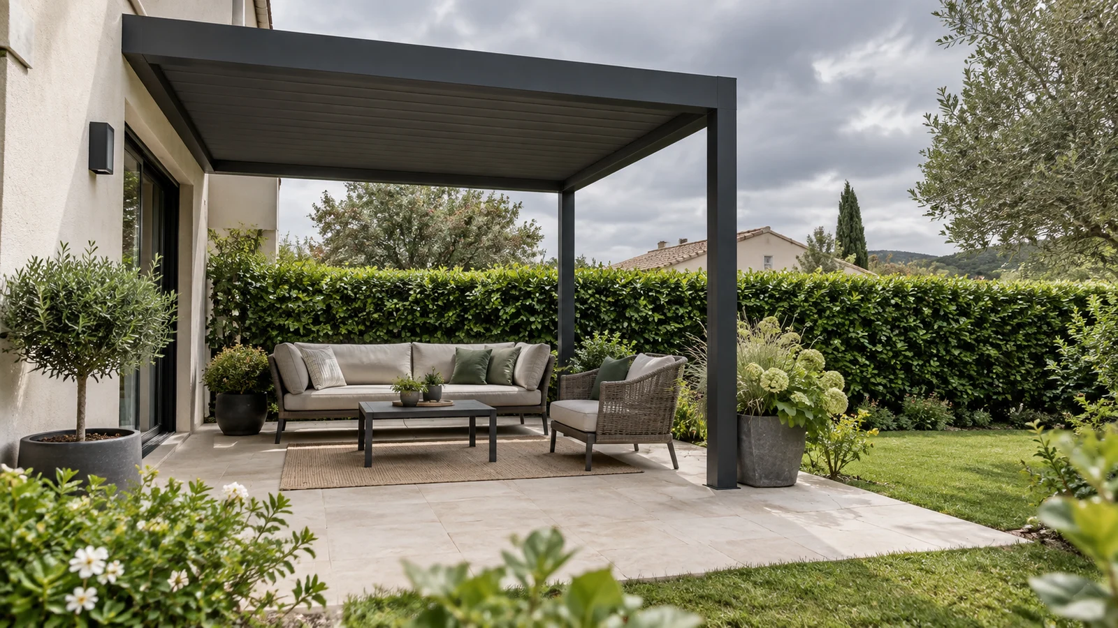 Salon extérieur sous une pergola anthracite face à une haie par temps couvert