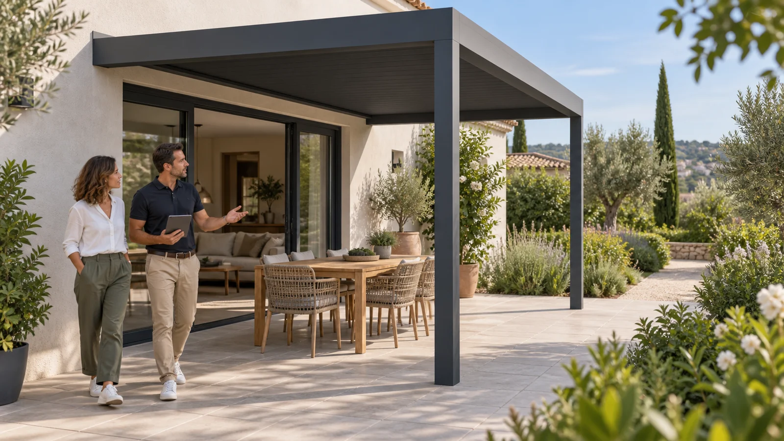 Deux adultes marchant sur une terrasse sous une pergola anthracite pendant une visite avant devis