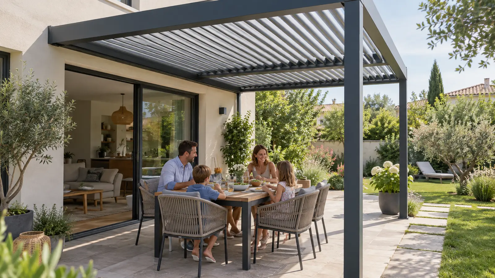 Famille attablée sous une pergola anthracite avec un passage dégagé vers le jardin