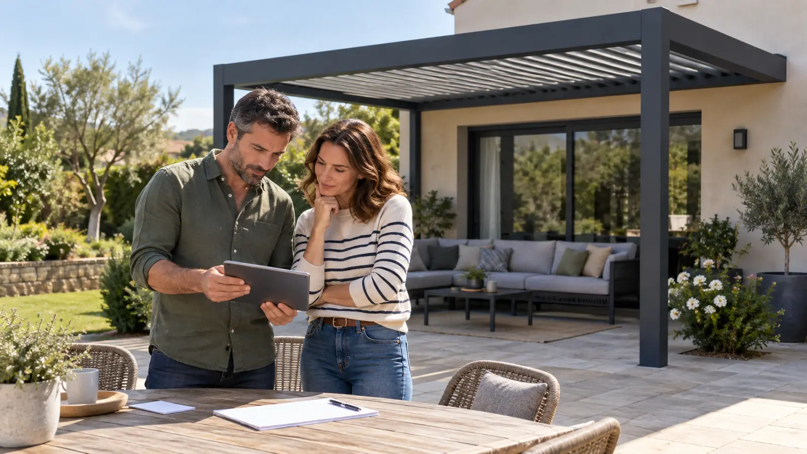 Couple consultant une tablette devant une terrasse équipée d’une pergola anthracite