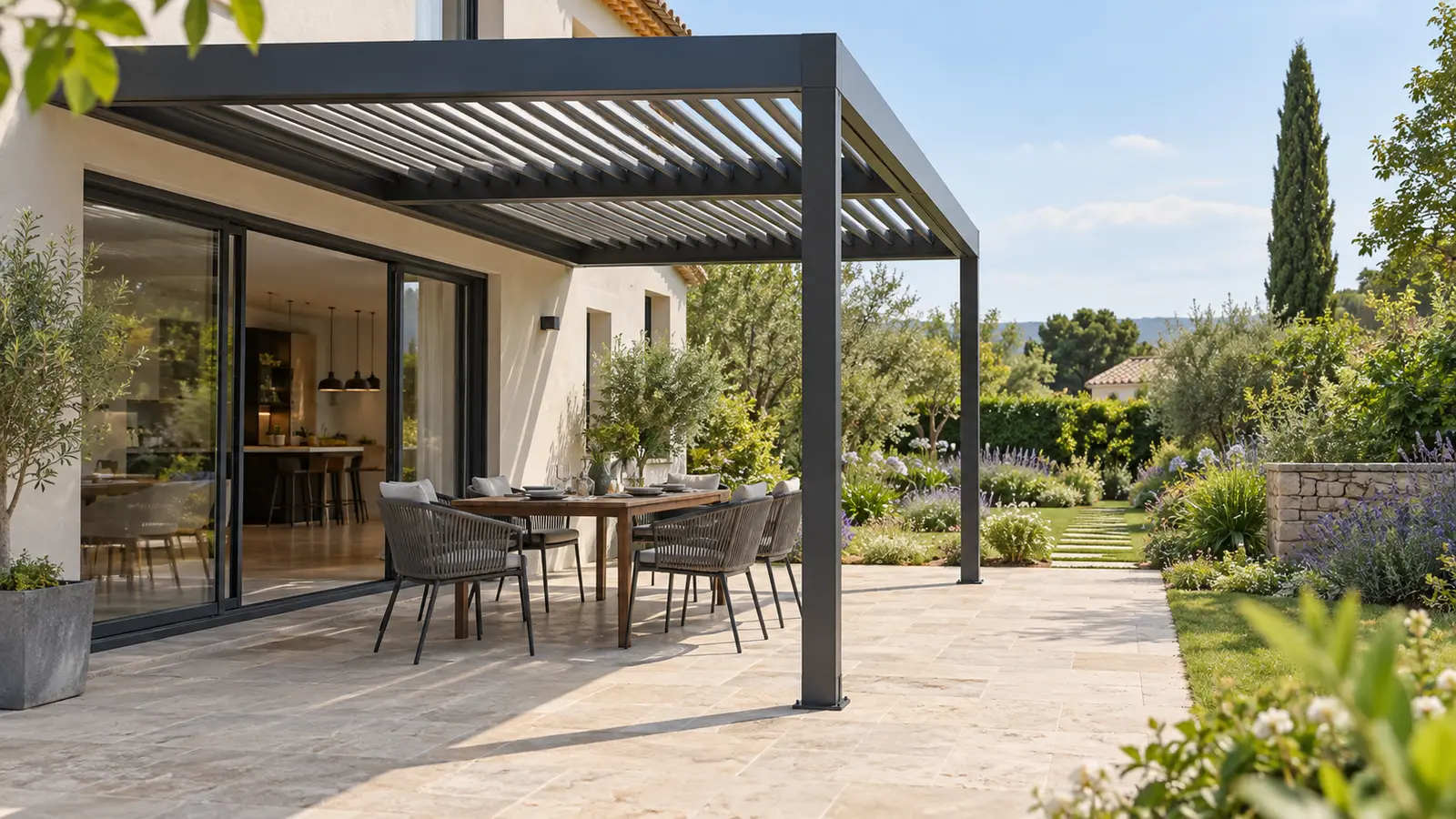 Terrasse avec table sous pergola et chemin libre entre la baie vitrée et le jardin