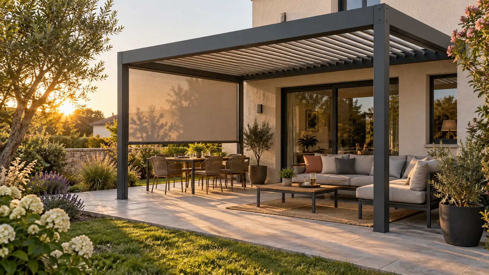 Pergola anthracite avec salon extérieur, table de repas et store latéral au soleil de fin de journée