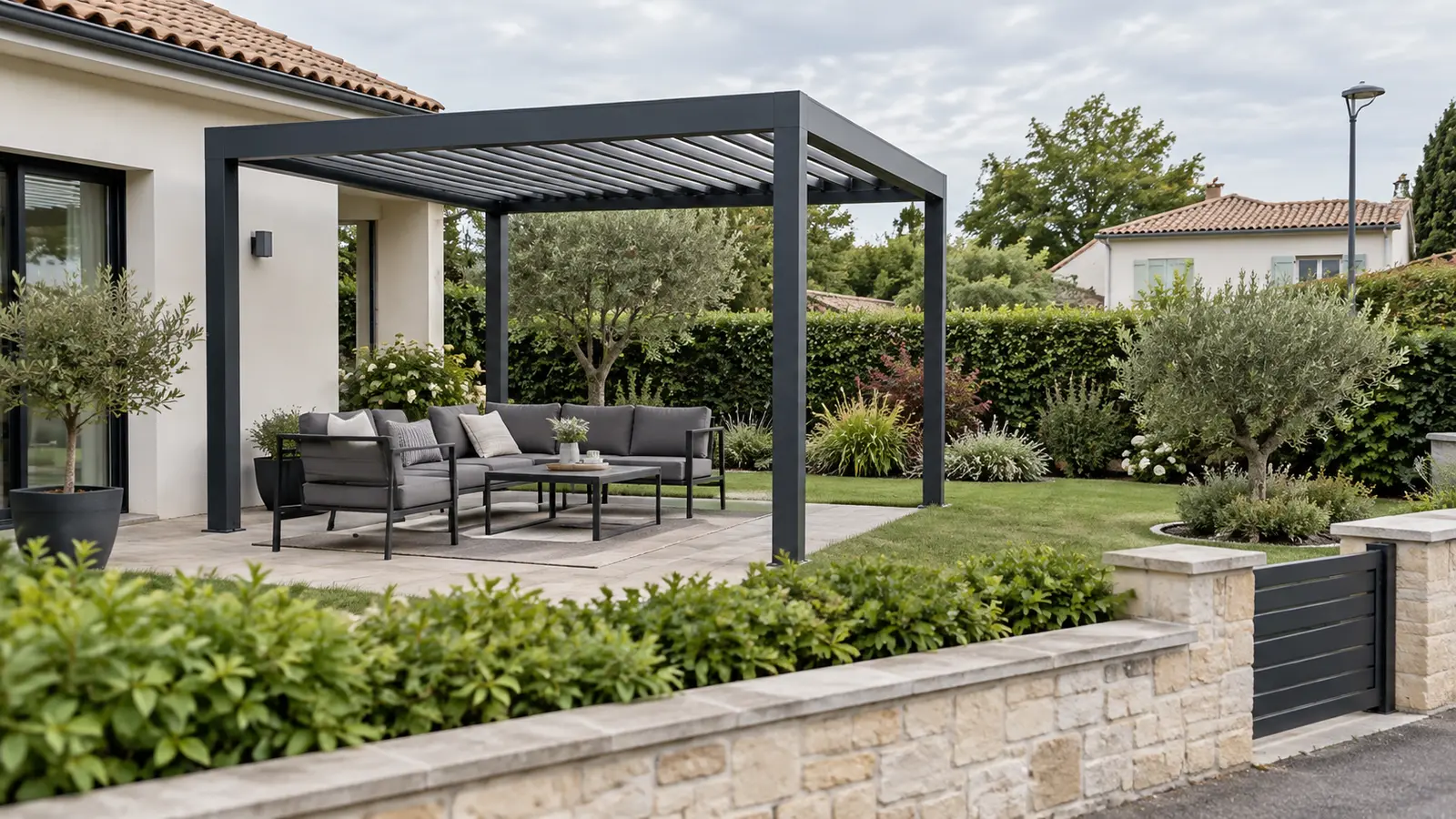 Pergola autoportée anthracite dans un jardin visible depuis une rue calme avec maisons voisines