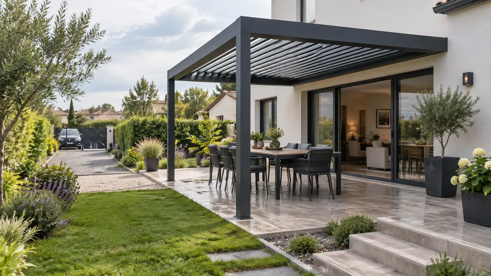 Terrasse humide avec pergola anthracite, table de repas et accès dégagé depuis une allée
