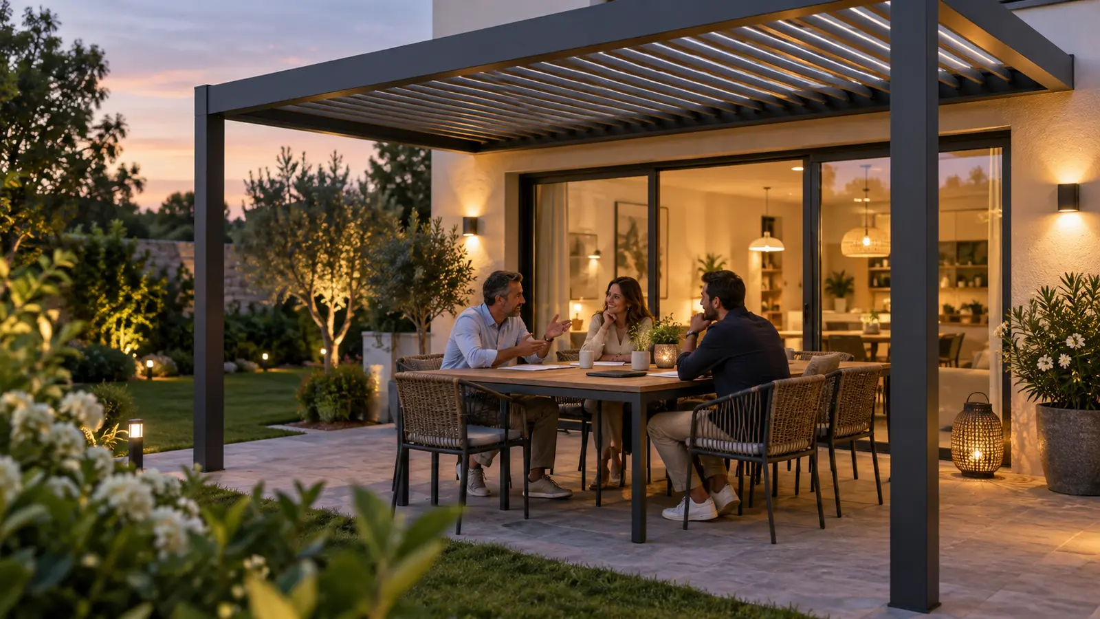 Trois adultes discutent autour d’une table le soir sous une pergola anthracite éclairée par la maison