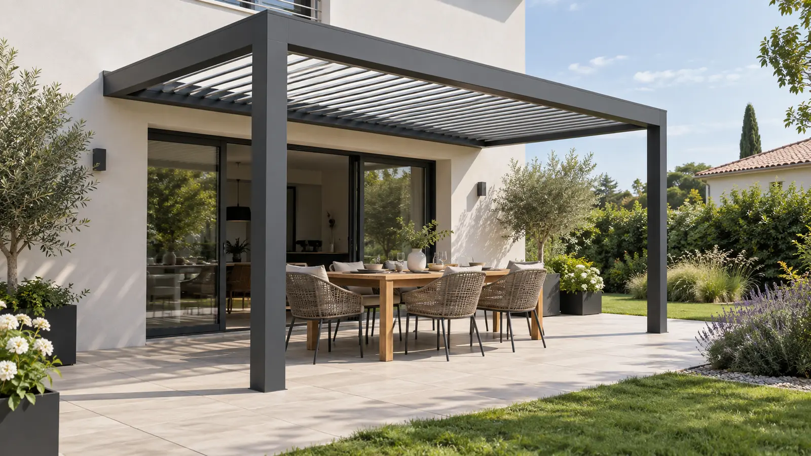 Pergola anthracite adossée à une façade claire avec table de repas et jardin fleuri