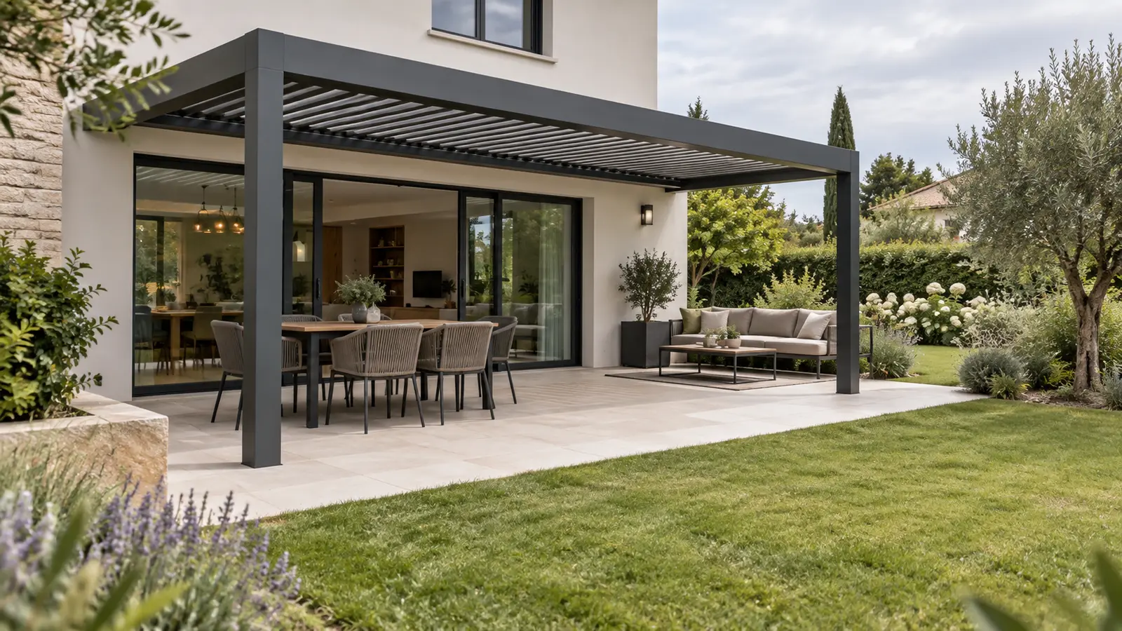 Terrasse avec pergola anthracite, table, salon extérieur et passage dégagé vers le jardin