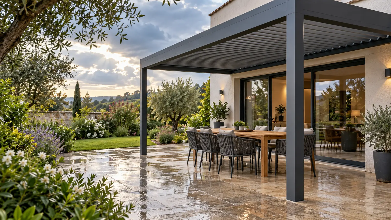 Terrasse humide après une averse avec table sous une pergola anthracite adossée à la maison