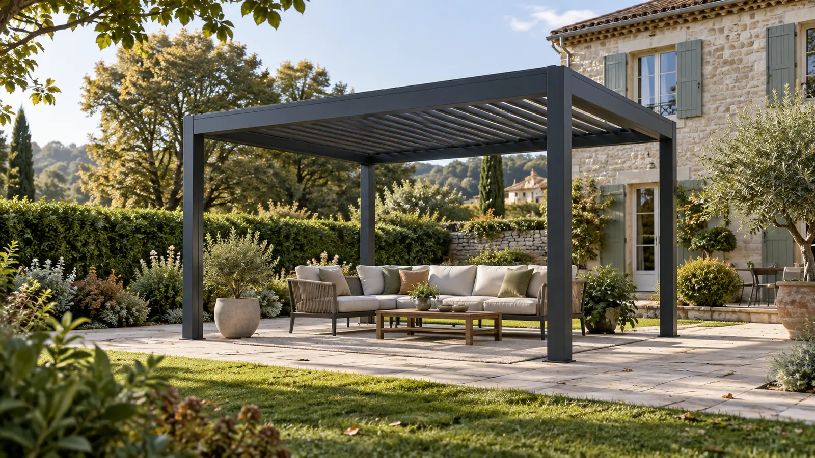 Pergola autoportée anthracite avec salon extérieur dans un grand jardin arboré