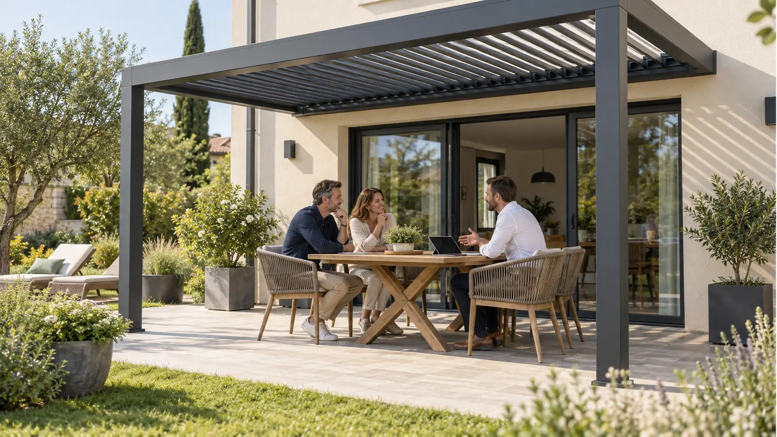 Trois adultes discutant autour d’une table sous une pergola anthracite devant une baie vitrée