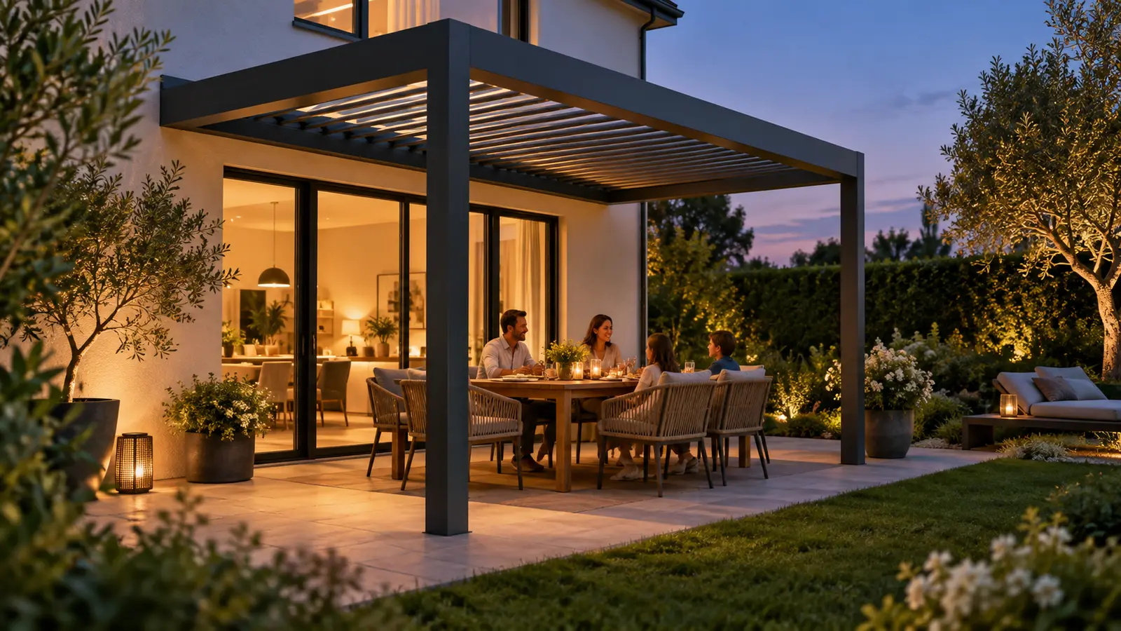Famille attablée le soir sous une pergola anthracite éclairée par la maison et le jardin