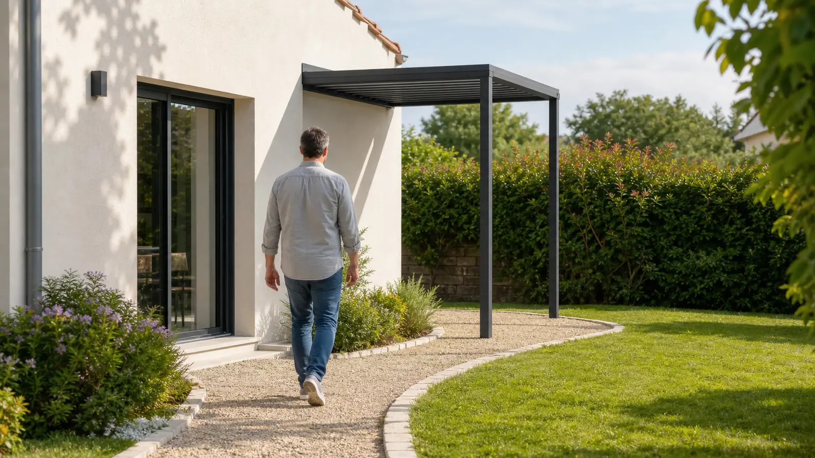 Un homme emprunte une allée de jardin vers une pergola adossée à une maison claire