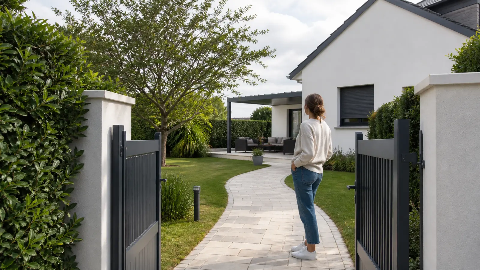 Une résidente regarde depuis un portail l’allée qui conduit à la terrasse de sa maison