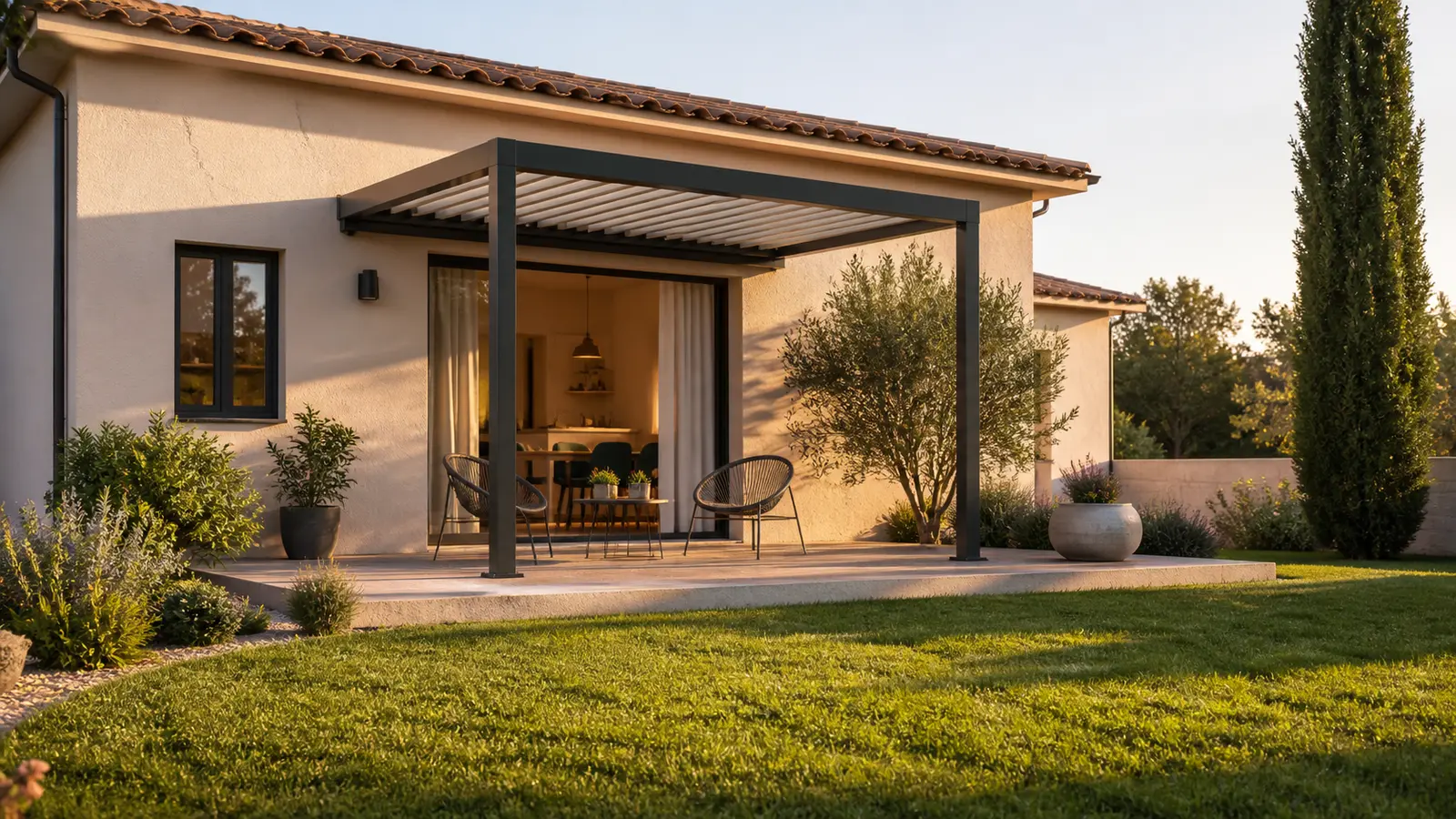 Une pergola sombre encadre une terrasse devant la façade claire d’une maison au soleil couchant