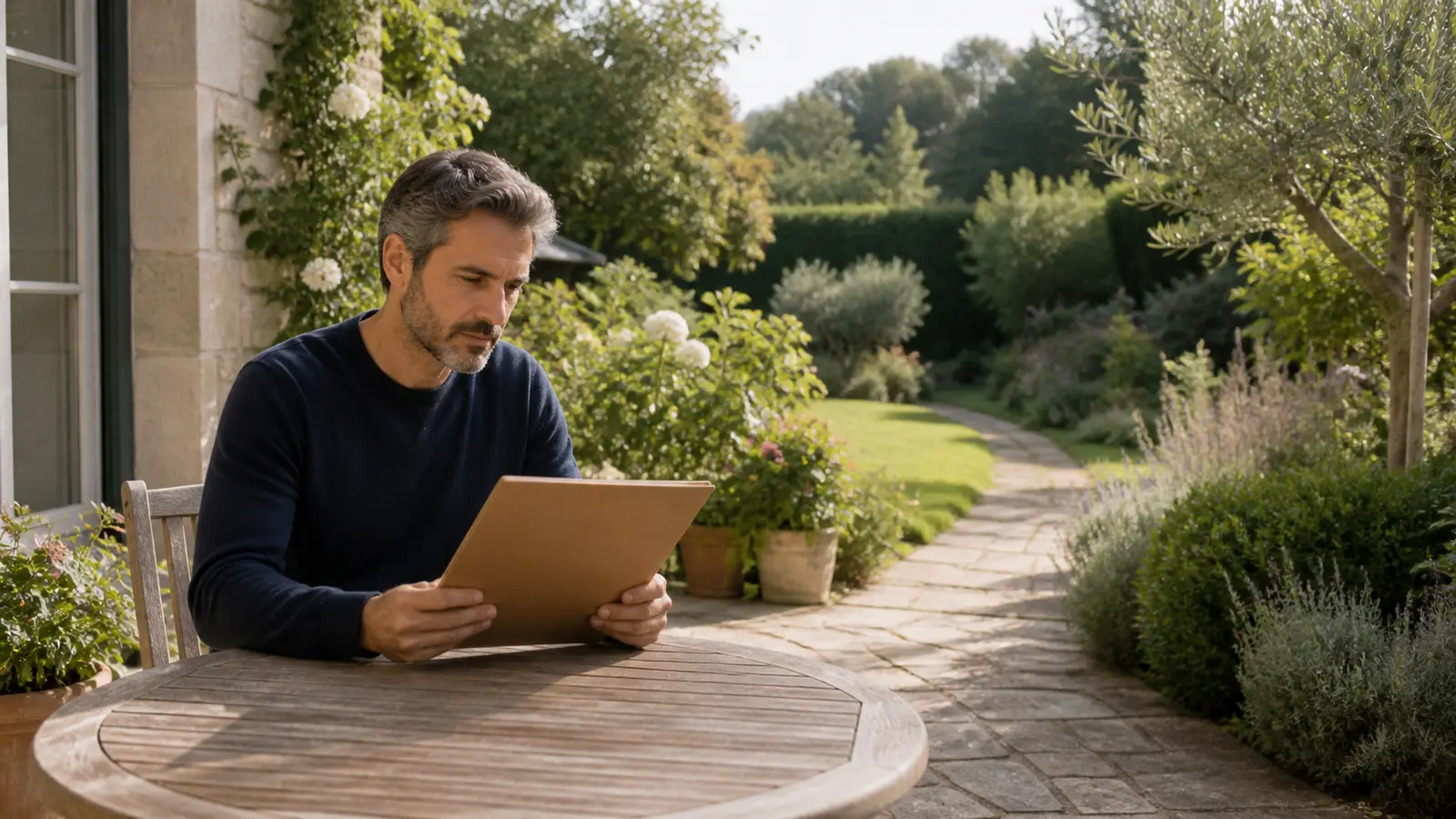 Un propriétaire relit un dossier fermé à une table devant une allée de jardin