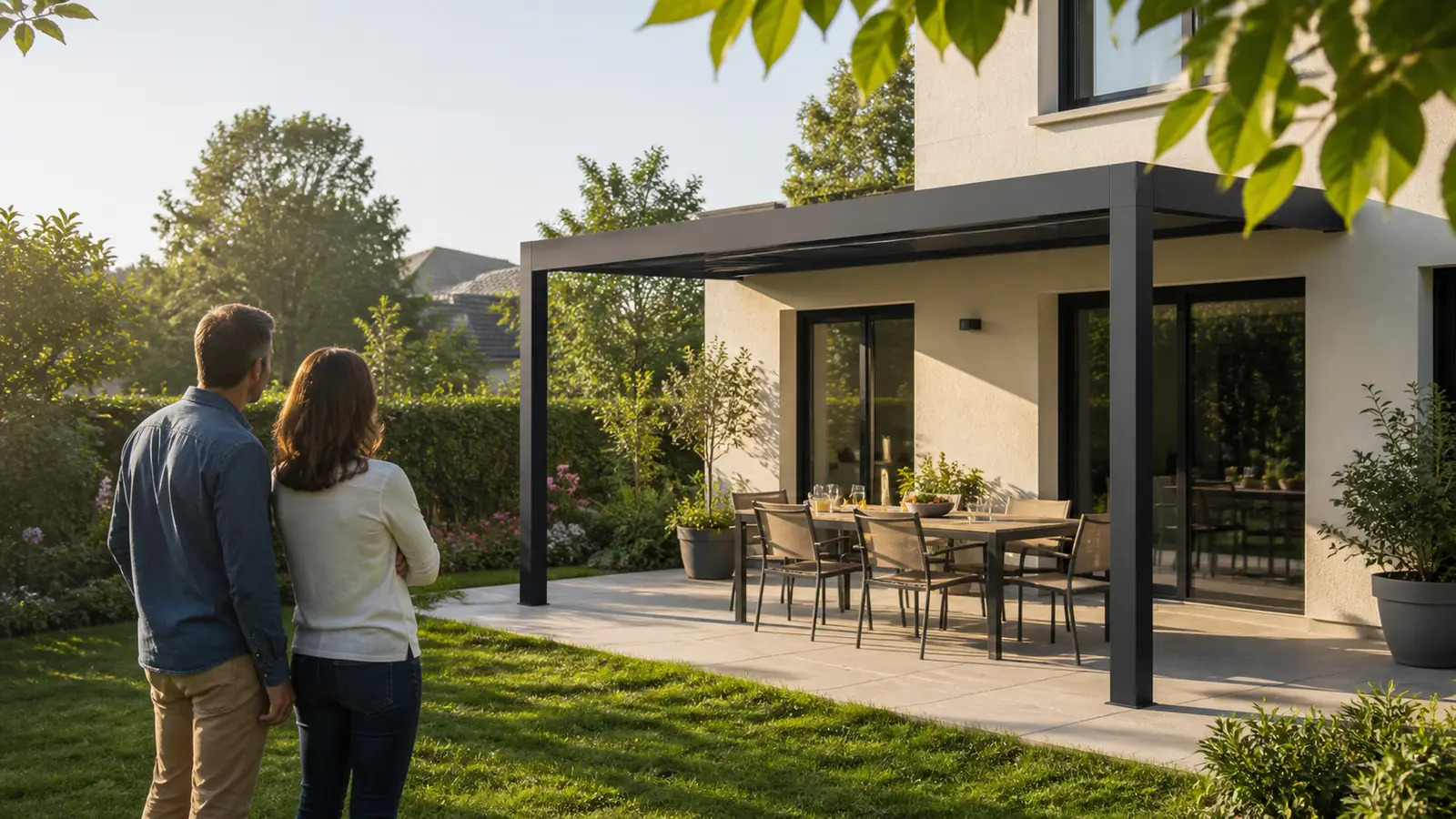 Un couple observe une terrasse aménagée sous une pergola anthracite depuis le jardin