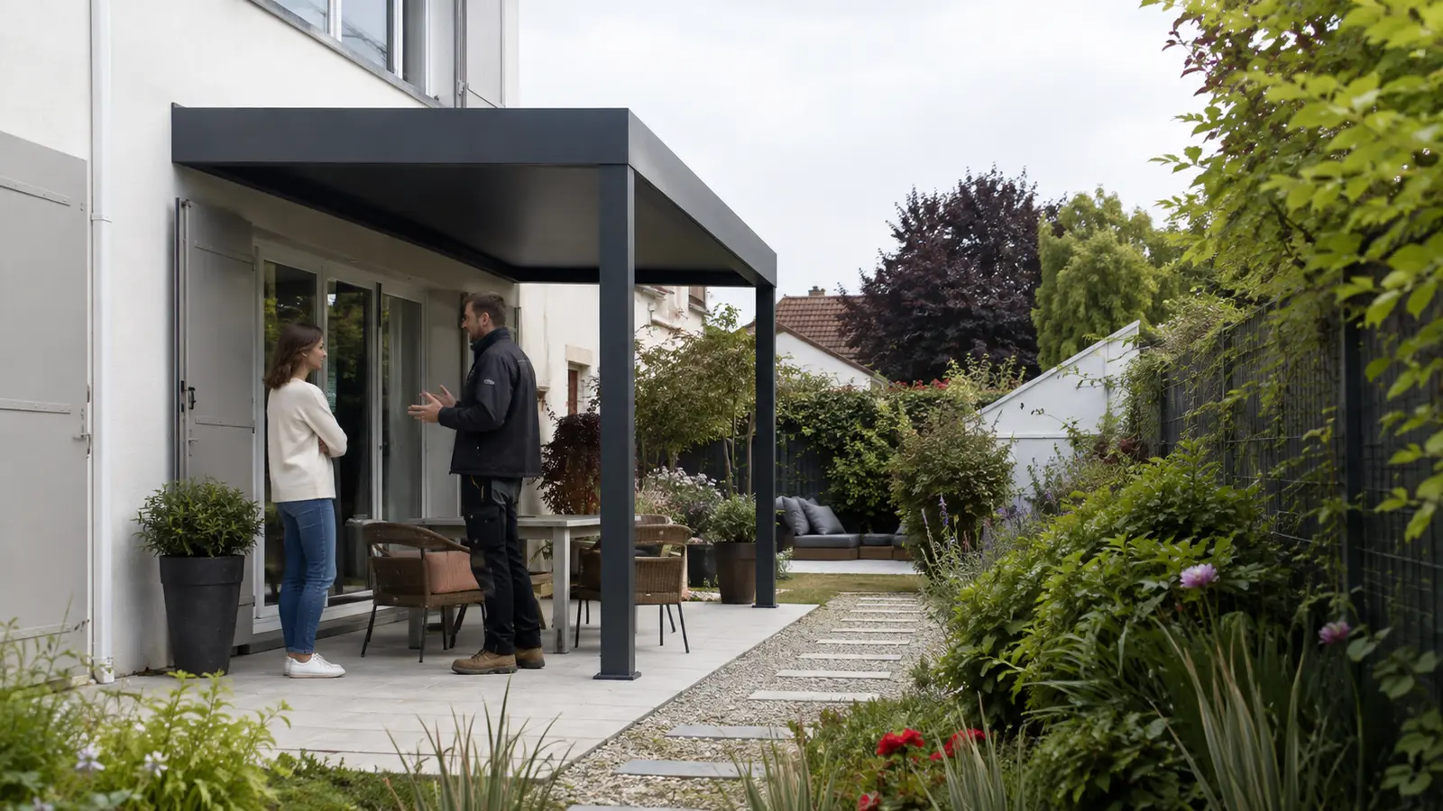 Un professionnel échange avec une propriétaire sur une terrasse étroite bordée par un jardin