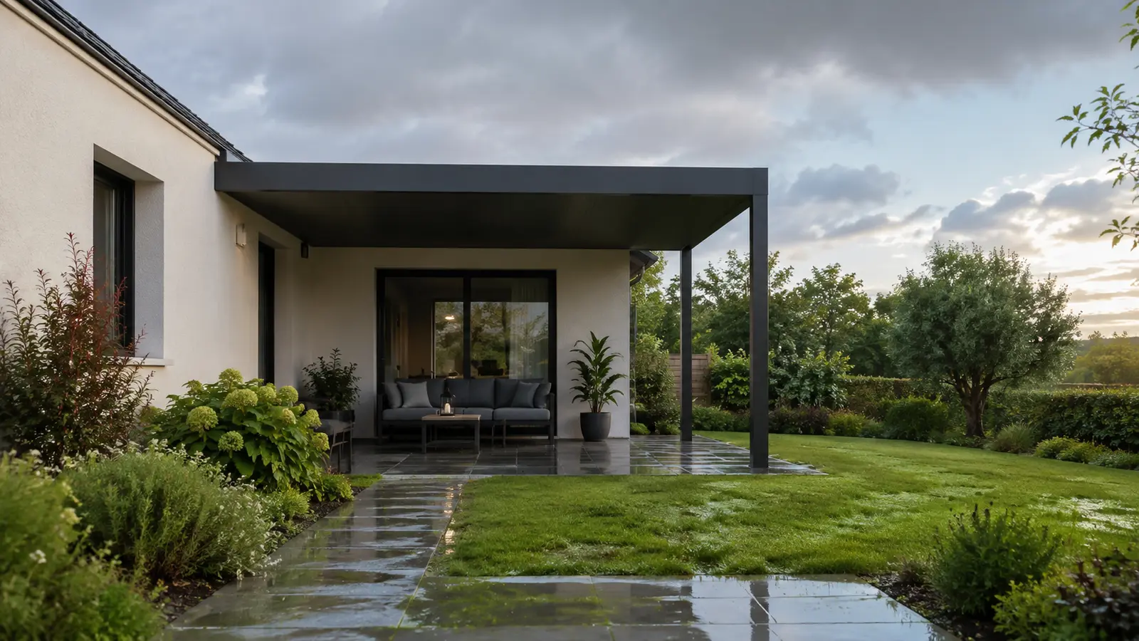 Une terrasse et son jardin restent humides après une averse autour d’une pergola adossée