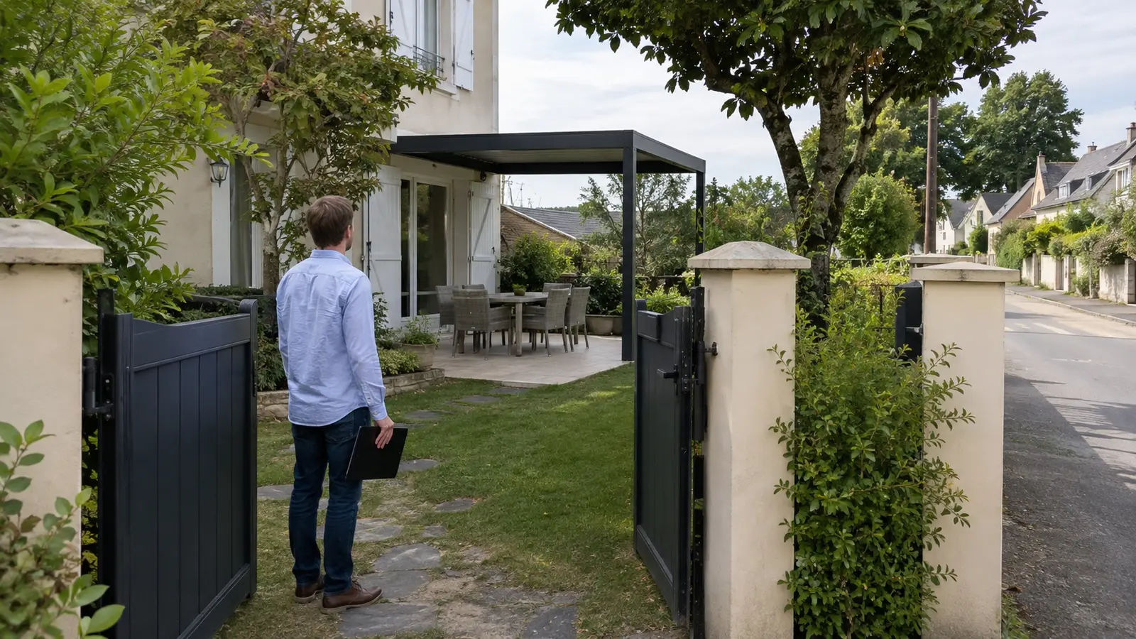 Un propriétaire regarde depuis un portail une pergola visible dans le jardin d’une maison