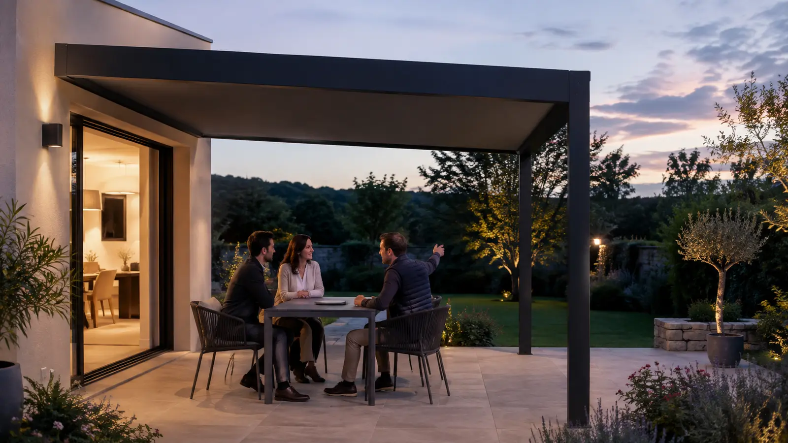Trois adultes discutent autour d’une table sous une pergola au début de soirée