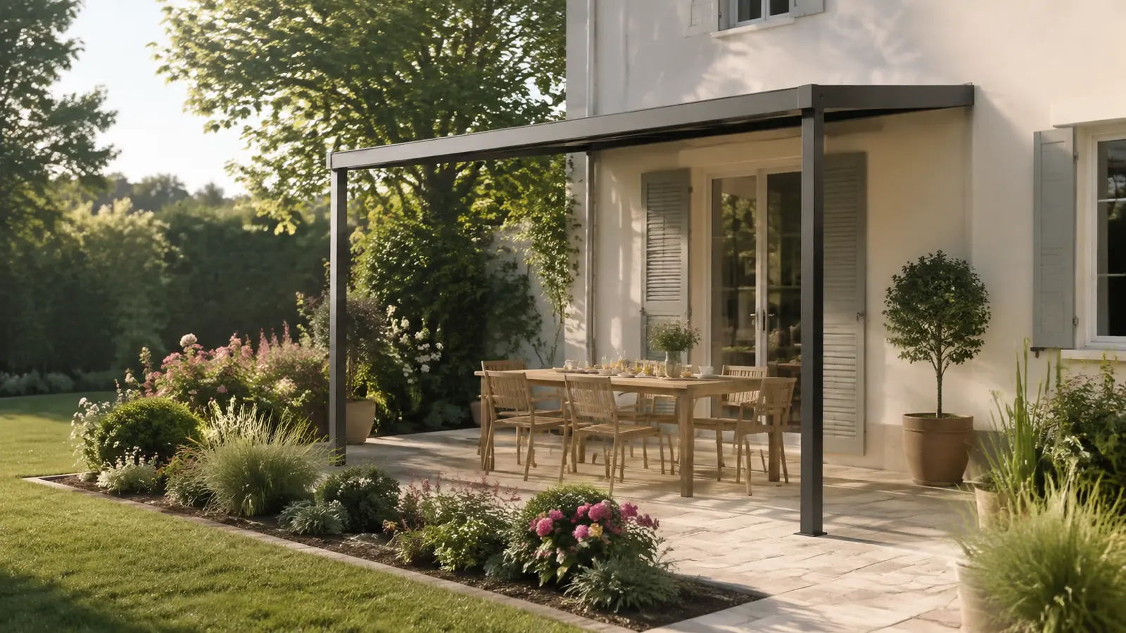 Terrasse lumineuse avec pergola anthracite adossée et table partiellement ombragée