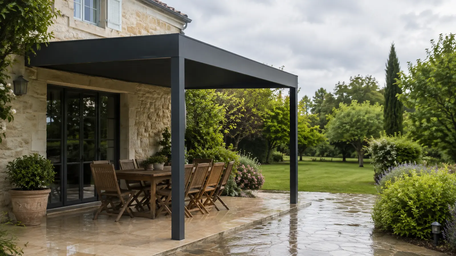 Terrasse après la pluie avec pergola anthracite et allée de jardin humide