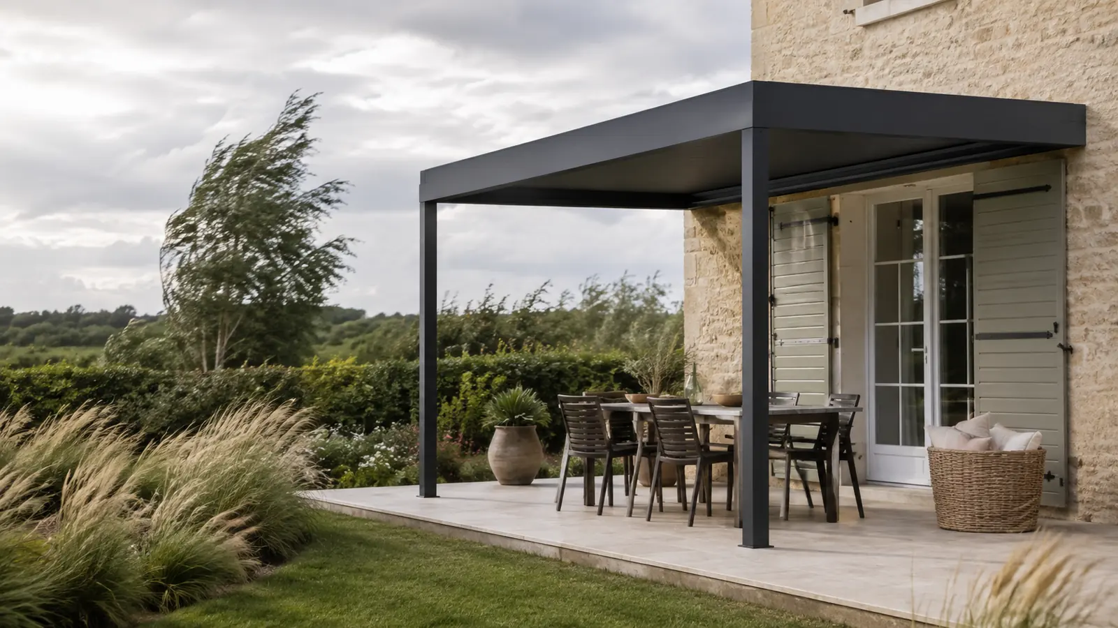 Pergola anthracite devant une maison en pierre avec plantes penchées par le vent