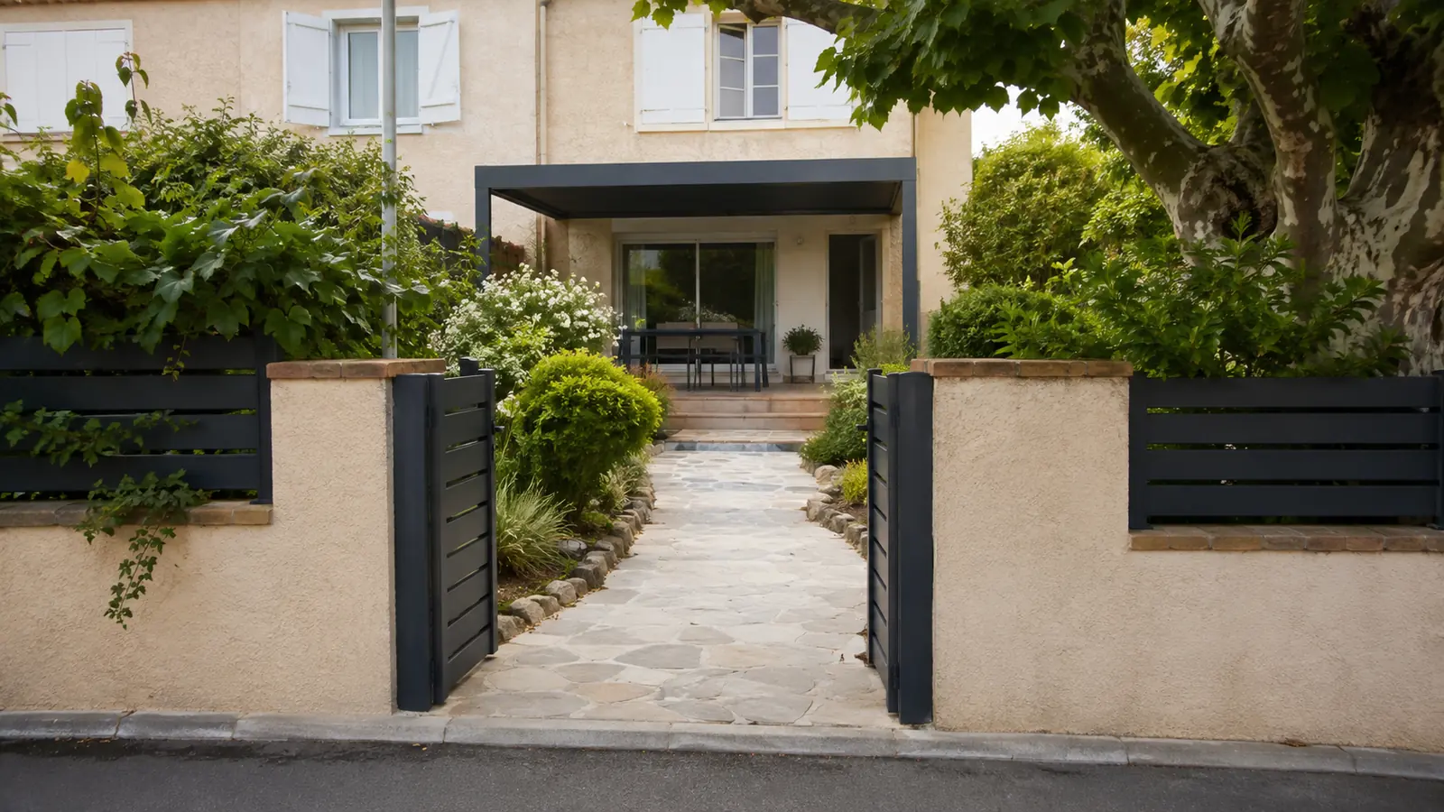 Pergola anthracite visible depuis une entrée de jardin avec maison française en arrière-plan