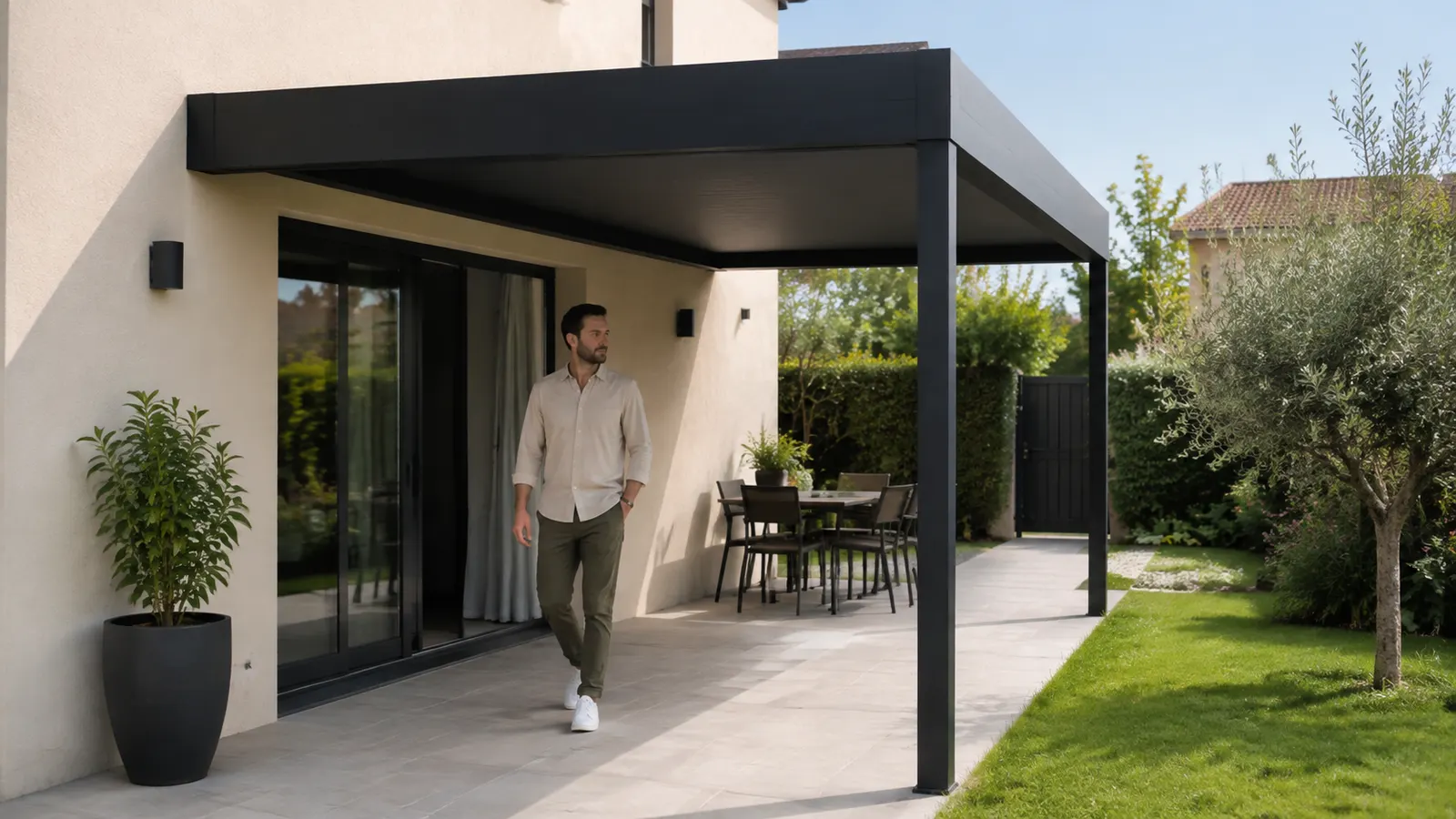 Un adulte marche librement sous une pergola anthracite entre la baie vitrée et le jardin