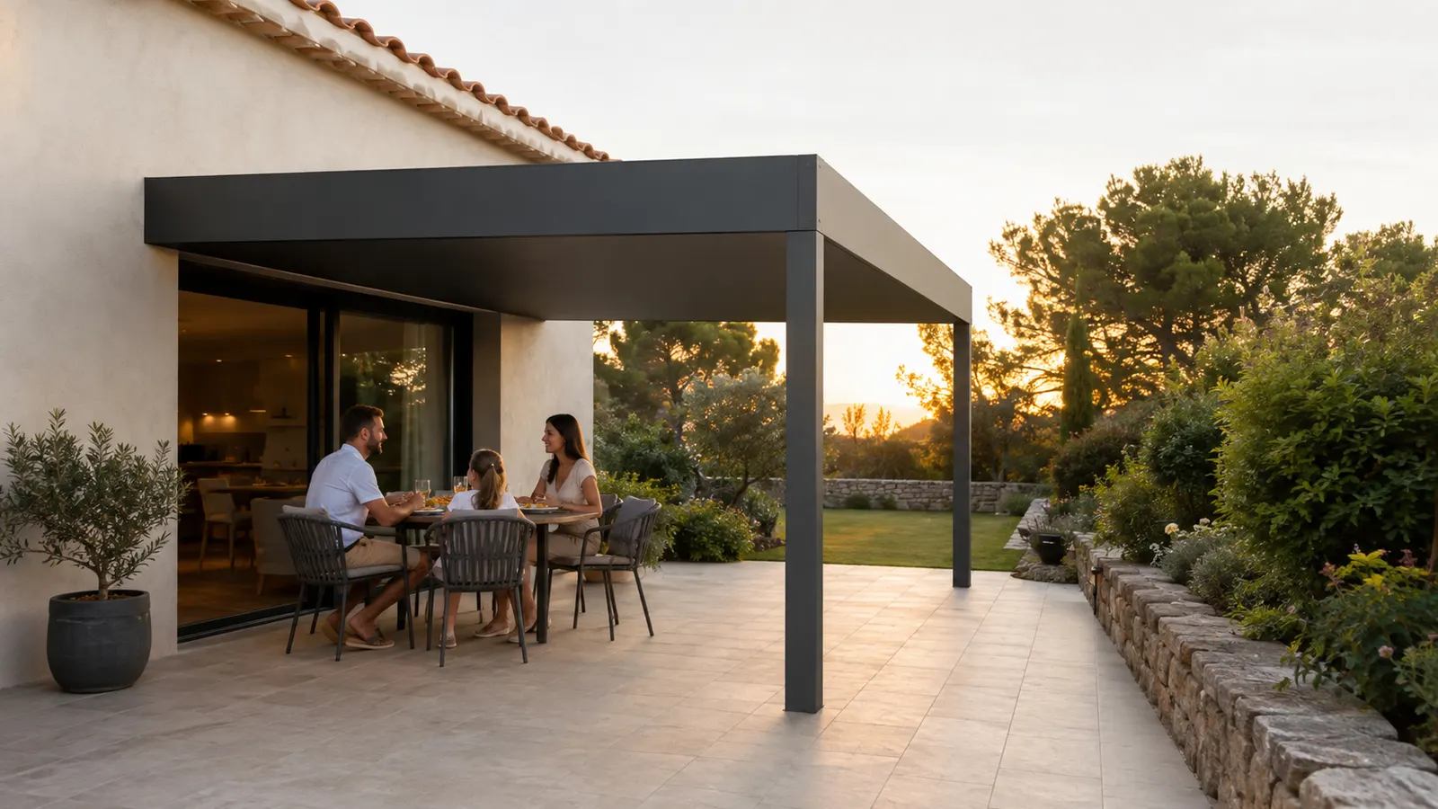 Une famille prend place sur une terrasse tandis qu’un passage reste libre sous une pergola