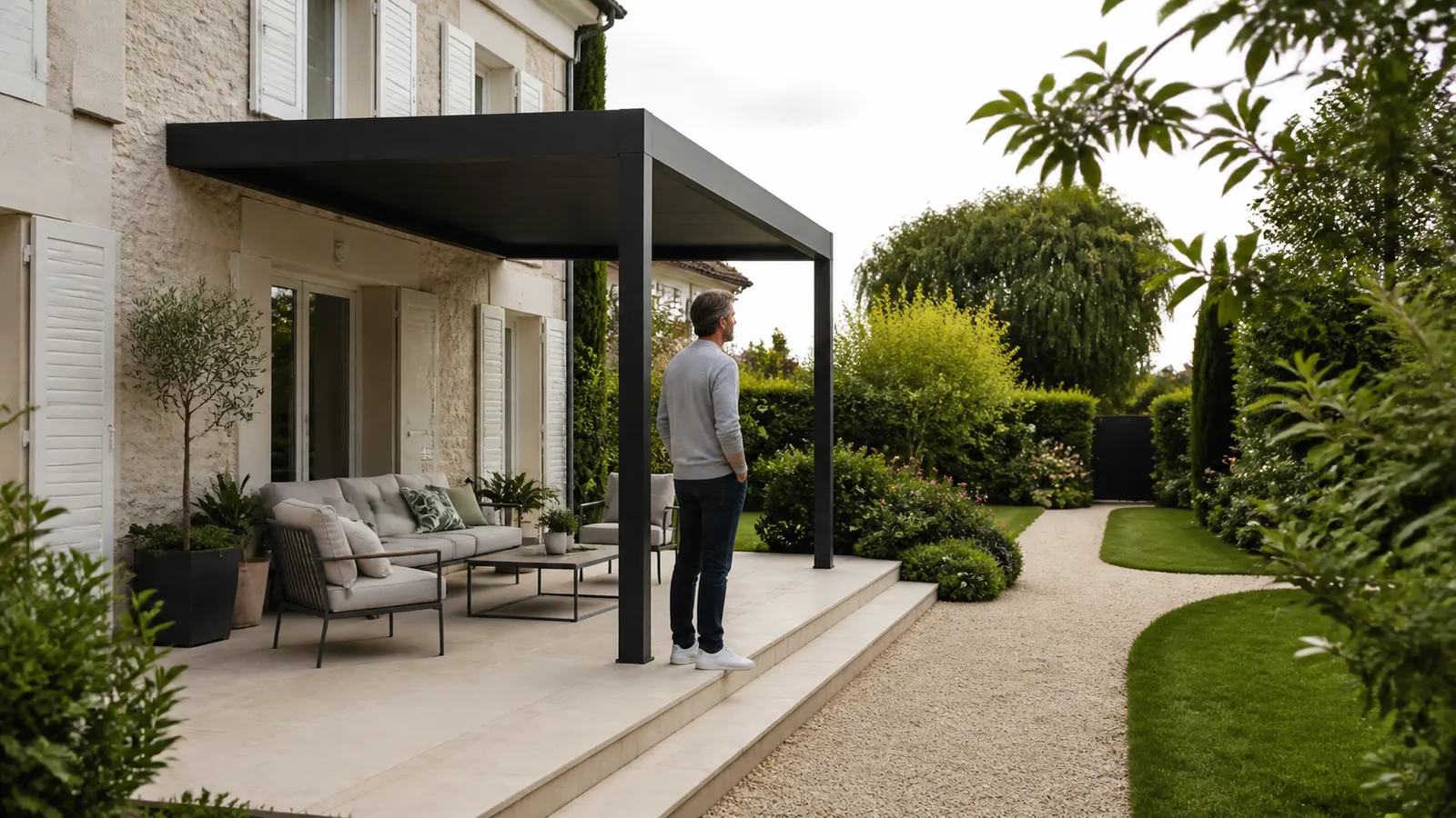 Un propriétaire regarde une terrasse avec salon bas et un chemin libre vers le jardin