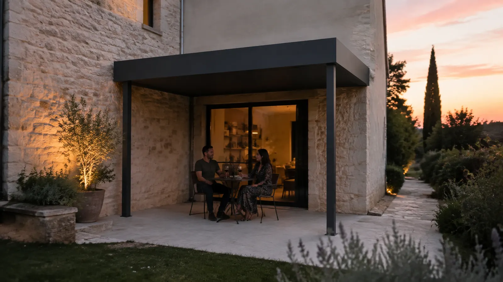 Deux personnes discutent à une petite table sur une terrasse sous une pergola au crépuscule