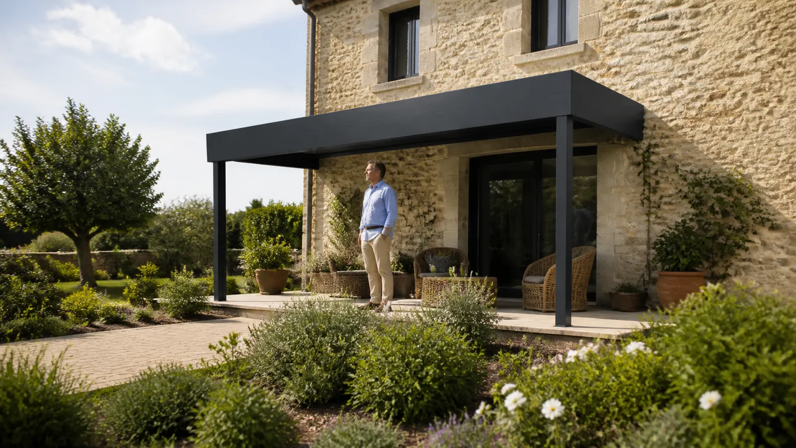 Un propriétaire observe la terrasse et le jardin autour d’une pergola anthracite adossée