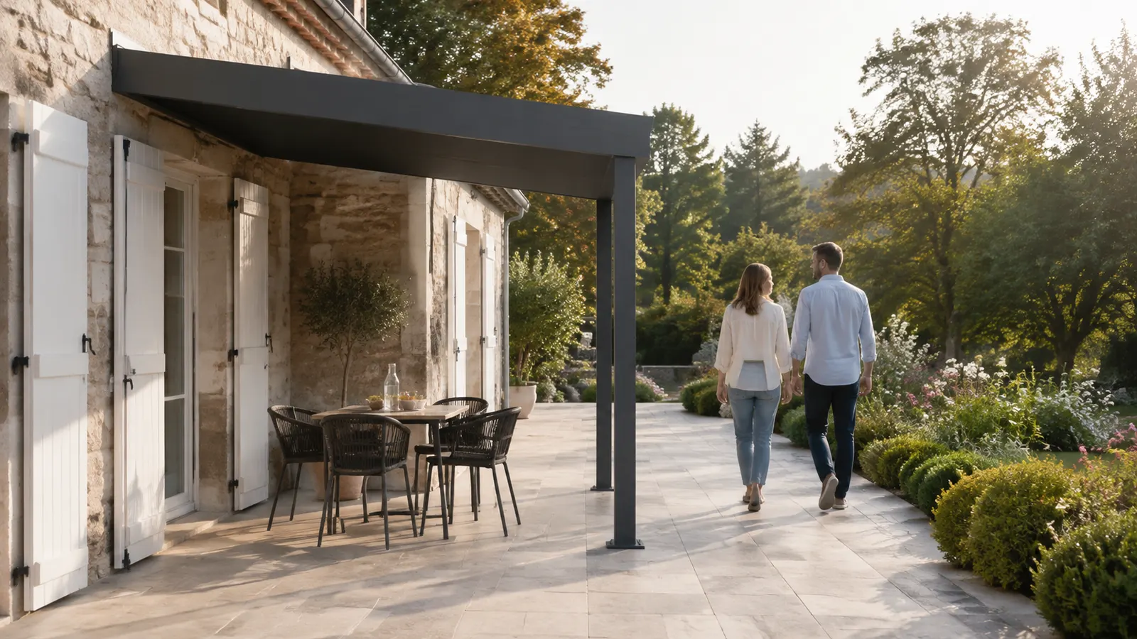Un couple traverse une terrasse dégagée entre une maison, une pergola et un jardin planté