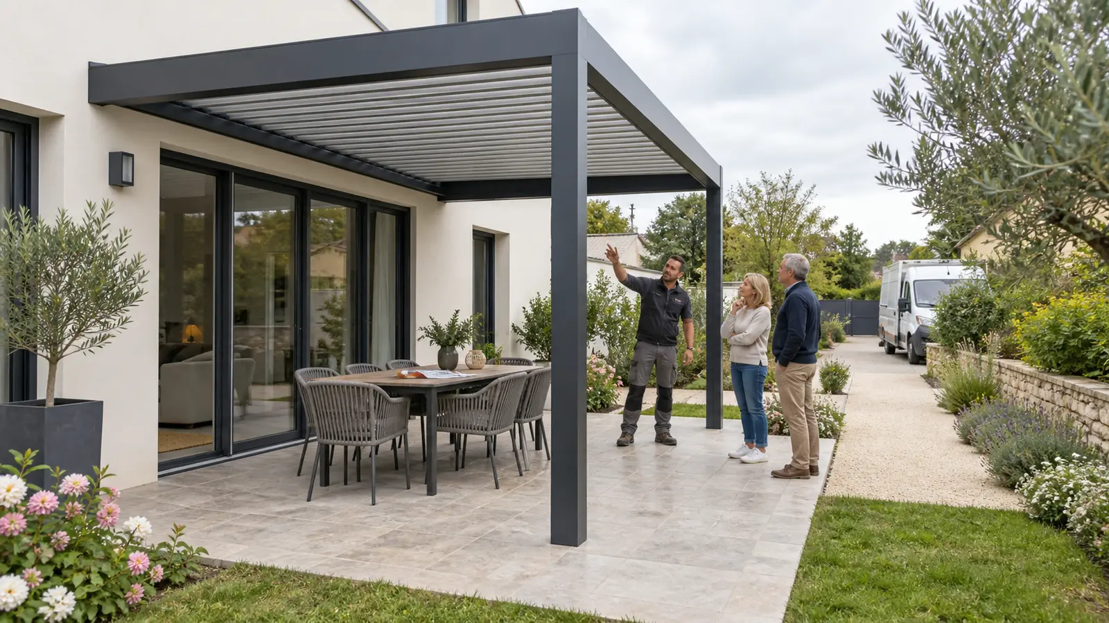 Professionnel et propriétaires discutant sur une terrasse sous une pergola bioclimatique anthracite avec accès dégagé