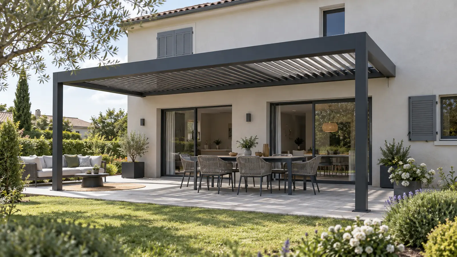 Pergola bioclimatique anthracite devant une façade avec deux baies vitrées et volets gris