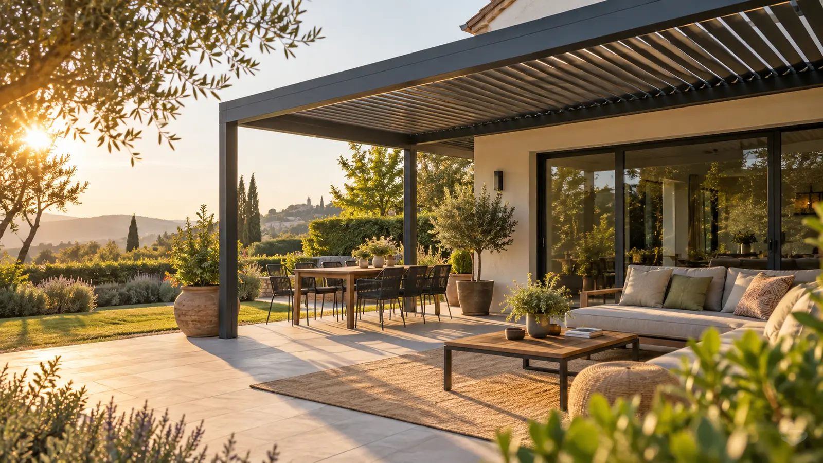Pergola bioclimatique sur terrasse en fin de journée avec salon extérieur et soleil bas dans le jardin