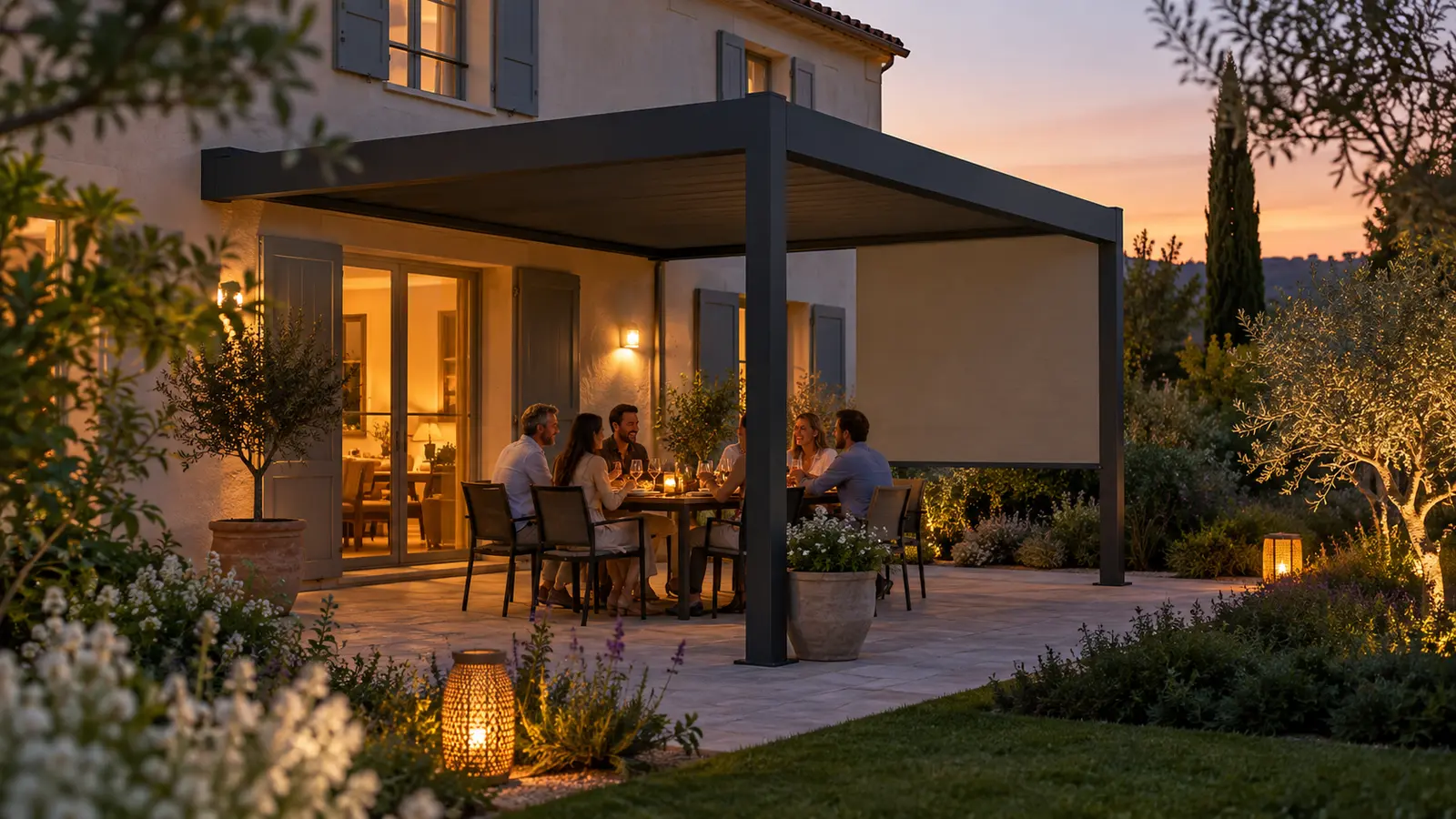 Repas du soir sous une pergola bioclimatique avec éclairage chaud et store latéral en toile