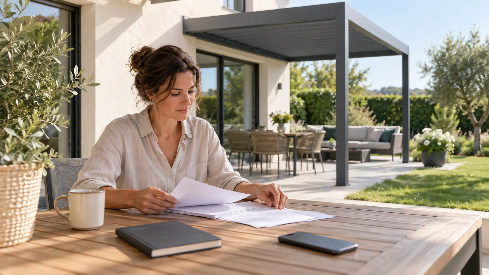 Personne préparant des documents non lisibles sur une table avec une pergola bioclimatique en arrière-plan
