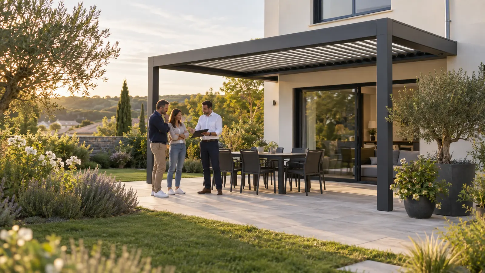 Couple échangeant avec un professionnel sur une terrasse devant une pergola bioclimatique anthracite